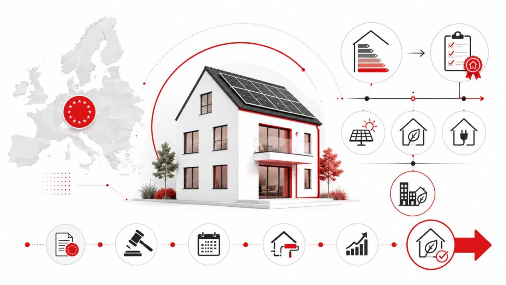 EU-Gebäuderichtlinie tritt am 29. Mai 2026 in Kraft: neue Energieausweis-Skala A–G, Renovierungspass, Solarpflicht, Nullemissionsgebäude ab 2030. Alle Pflichten für Eigentümer im Überblick.