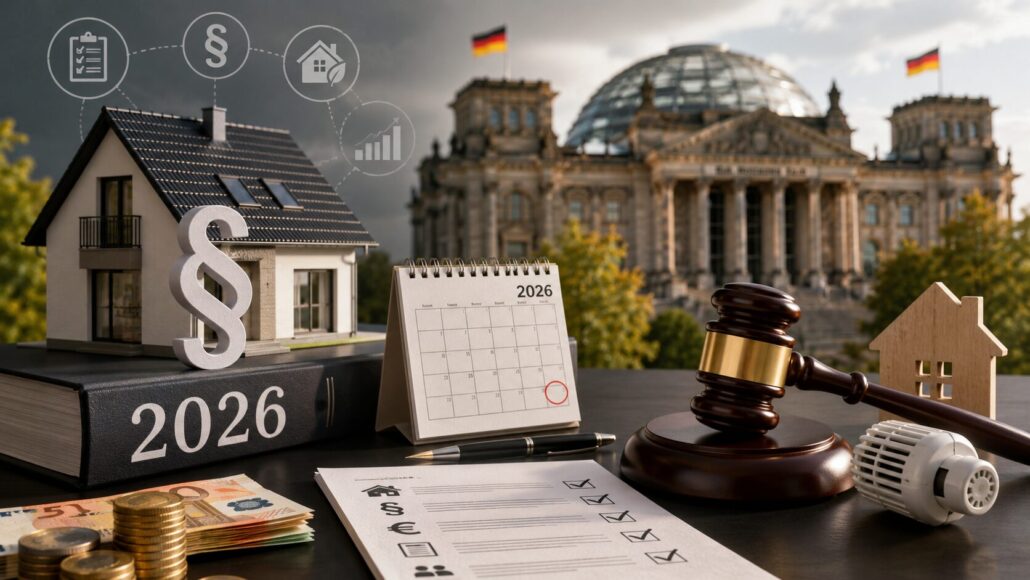 Neue Immobiliengesetze 2026 in Deutschland: Alle Änderungen zu Heizungsgesetz, Gebäudeenergiegesetz, Grundsteuer, Mietpreisbremse, Förderungen, Fristen und Eigentümerpflichten ab Januar 2026.