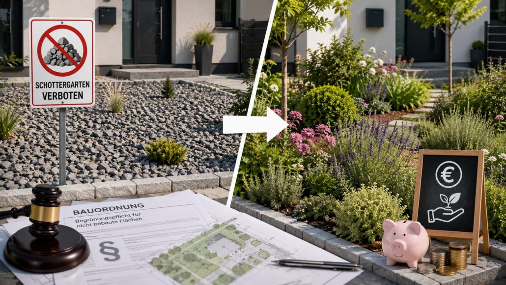 Schottergarten-Verbot 2026: In welchen Bundesländern der Rückbau droht, was das OVG-Urteil für Bestandsgärten bedeutet, welche Bußgelder verhängt werden, was der Umbau kostet und welche Förderung es gibt.